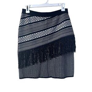 BCBG Maxazria Brionna Fringe Knit Jacquard Pensil Skirt Size S Black White